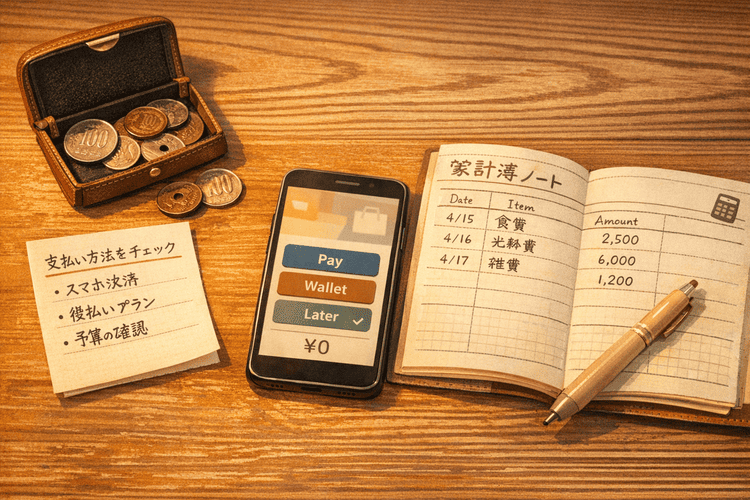 スマホ決済や後払いの選択肢を確認しながら資金計画を立てるイメージ